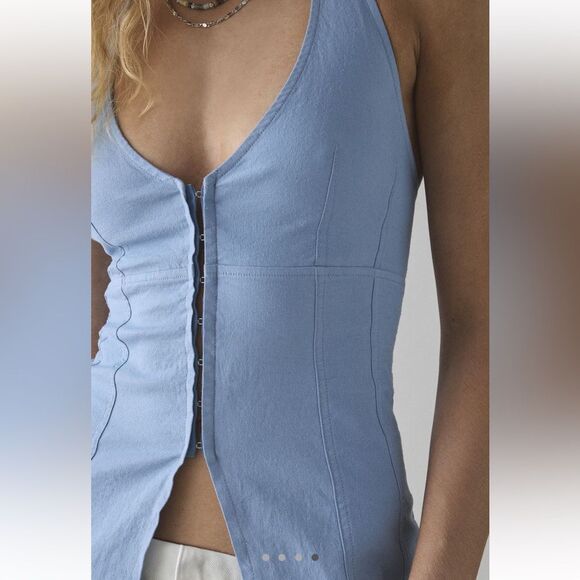 NEW Urban Outfitters Sari Seamed Linen-Blend Halter Vest Top Ashleigh Blue Small - Picture 3 of 5